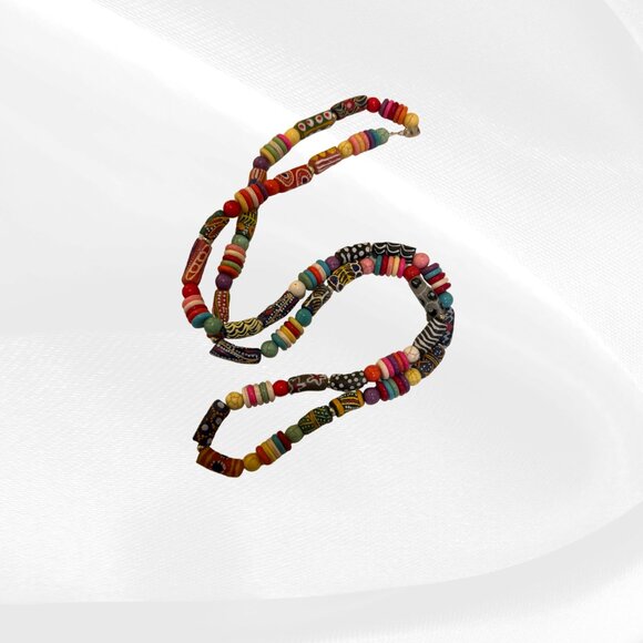 Rainbow African Trade Bead Necklace Handmade Boho Statement Colorful - Picture 10 of 11